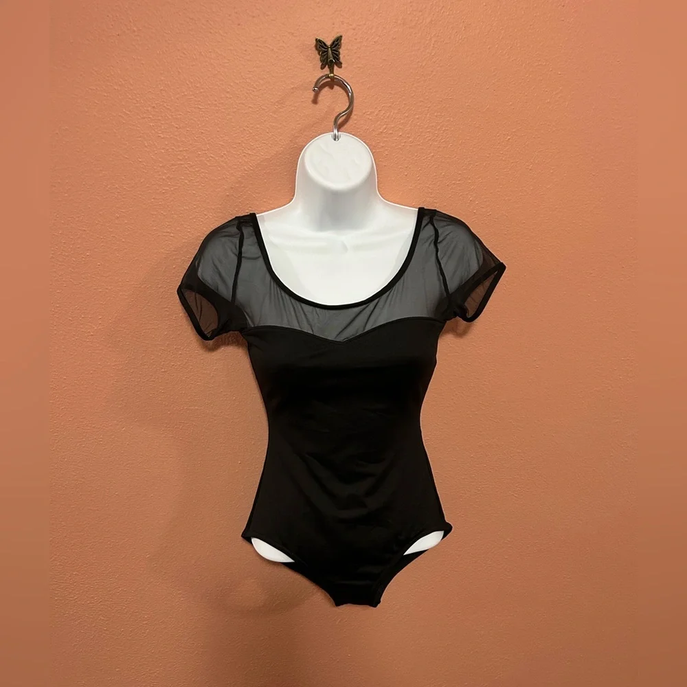 Capezio black leotard with short sleeves and sheer detail - Picture 1 of 7